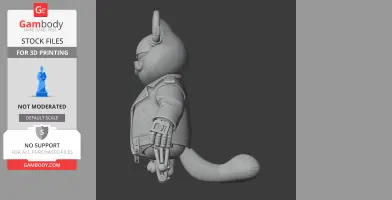 A 3D model of a cat in a jacket, featuring a robotic arm and a helmet.