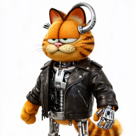 Cyborg cat with orange fur, leather jacket, mechanical limbs, and stern expression.