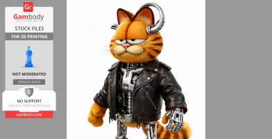 Mashup 3D model of a cat with a leather jacket and cybernetic enhancements, combining cartoon and sci-fi elements.