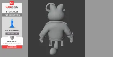 3D model of a humanoid cat with a mechanical eye, wearing a jacket, viewed from behind.