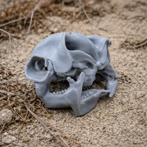 3D-printed gray Diprotodon skull replica on sandy ground with sparse dry grass.