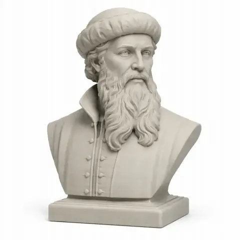 Bust of a bearded man in historical attire and a cap, reminiscent of a historical warrior.