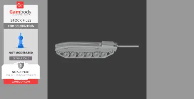 3D model of Challenger 2 tank, side view, wheels and long barrel visible.