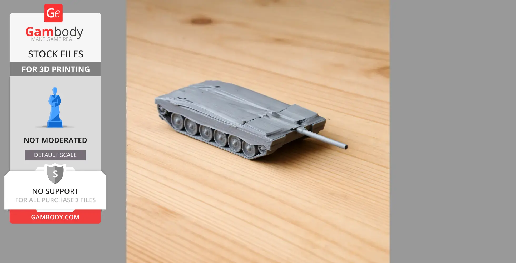 A 3D-printed model of a Challenger 2 tank on a wooden surface.