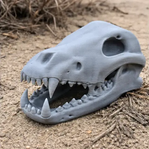 Gray 3D-printed dire wolf skull replica on sandy ground with dry grass in the background.
