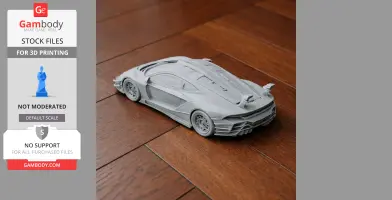 3D printed scale model of a sleek, futuristic sports car on a wooden floor.