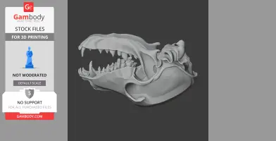 3D dog skull model with detailed teeth and structure, labeled for 3D printing by Gambody.