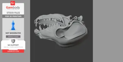 Detailed 3D model of a canine skull for 3D printing, featuring sharp teeth and realistic contours.