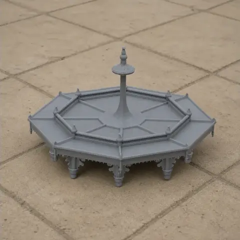 Gray 3D model of an octagonal pavilion with detailed columns and a central spire.