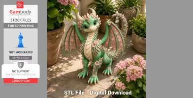 A cute, green dragon decorated with pink flowers stands among potted plants.