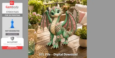 A cute green dragon with floral accents stands on a wooden table surrounded by plants.