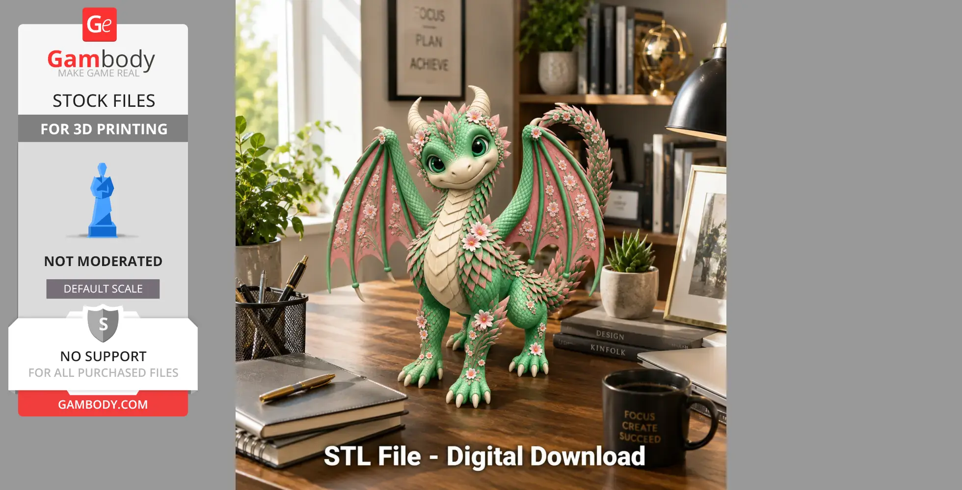 A cute dragon with floral patterns on its wings and body, standing on a wooden desk.