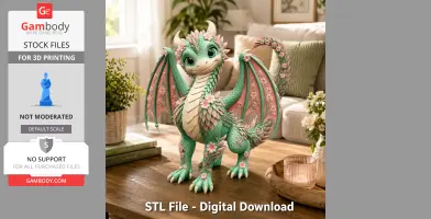 Cute floral dragon figurine with pink scales and flowers, standing on a table in a cozy living room.