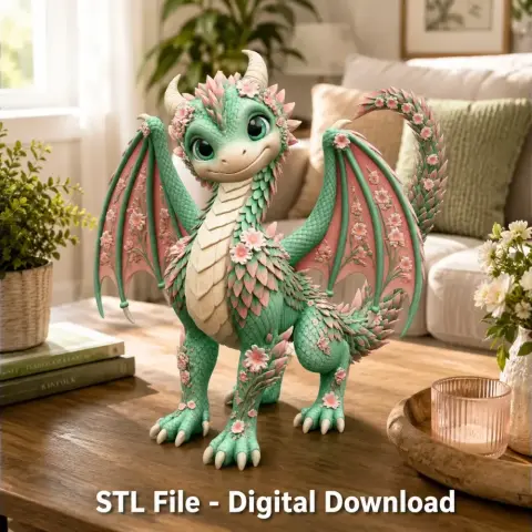 A cute green dragon adorned with pink flowers, standing in a cozy room, designed for 3D printing.