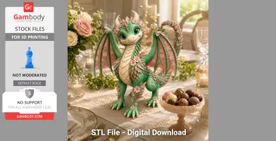 A cute, floral-themed dragon figurine with pink accents and flowers, set on a decorated table.