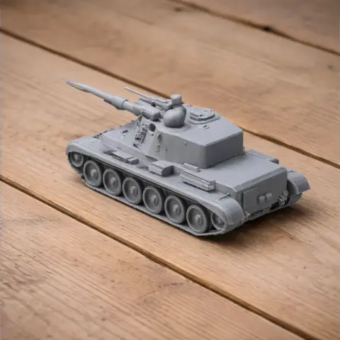 Gray 3D-printed model of a Charioteer tank on a wooden surface.