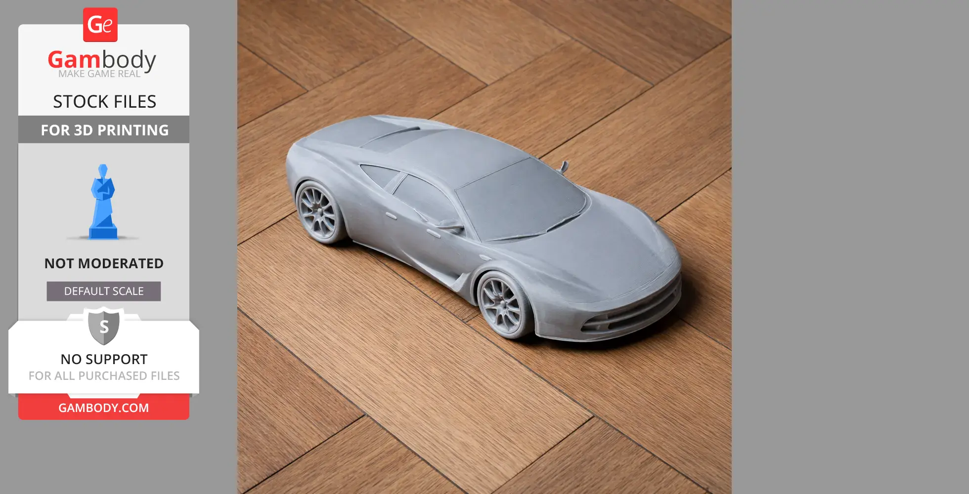A gray 3D-printed model of a sleek car on a wooden surface.