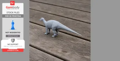3D printed model of a Protohadros dinosaur, gray, standing on a wooden surface.