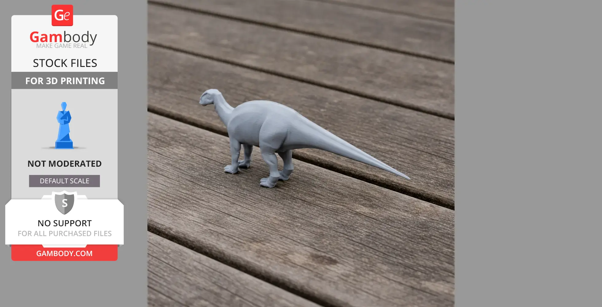 3D printed model of a Protohadros dinosaur, gray, standing on a wooden surface.