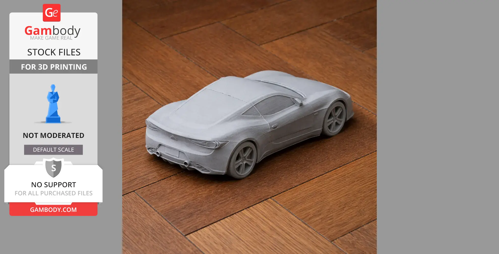 Gray 3D-printed model of Artega GT car on a wooden surface.