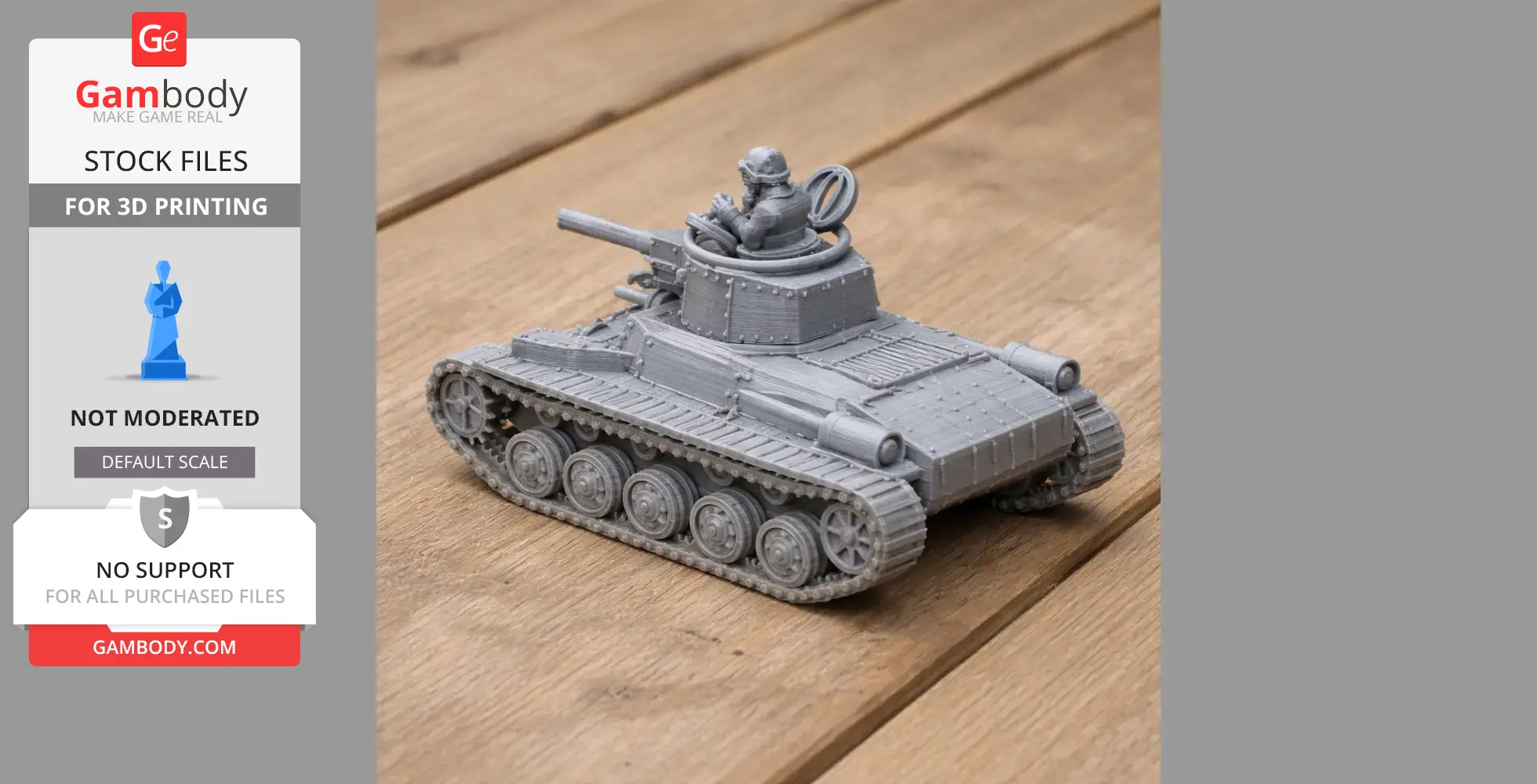 3D-printed model of a Chi-Ha tank with detailed treads and a soldier figure in the turret.