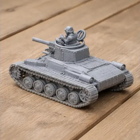 3D-printed Chi-Ha tank model with a detailed turret and soldier on wooden surface.