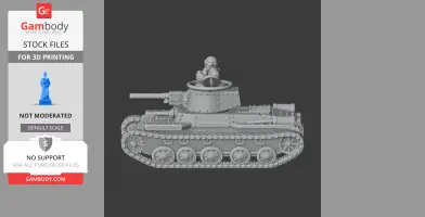 3D model of a detailed Chi-Ha tank with a soldier in the turret, designed for 3D printing.