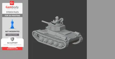 3D model of a Chi-Ha tank with detailed tracks, turret, and a figure in the hatch, for 3D printing.