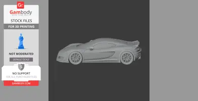 Gray 3D model of a sleek sports car with detailed wheels and aerodynamic design, side view.