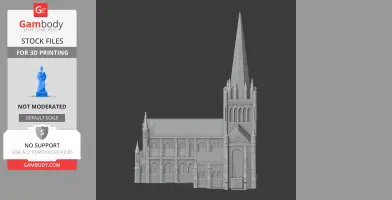A detailed 3D model of a cathedral with a tall spire and Gothic architectural elements.