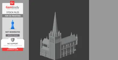 A detailed 3D model of a Gothic-style cathedral with a tall spire and intricate architecture.