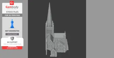 Detailed 3D model of Chichester Cathedral, featuring a tall spire and intricate Gothic architecture.