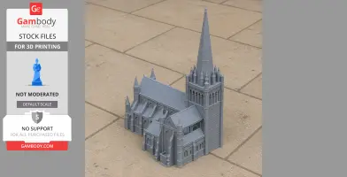 3D printed model of a gothic cathedral with a tall spire and intricate architectural details.