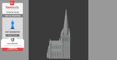 Gothic-style cathedral model with tall spire, arches, and detailed architectural elements.