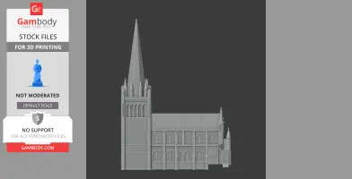 3D model of a cathedral with a tall spire and detailed gothic architecture, displayed for printing.