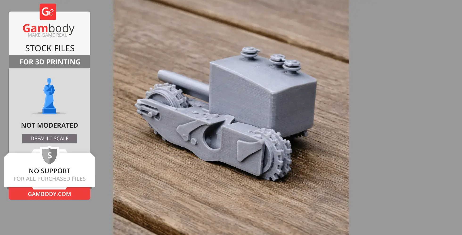 Gray 3D-printed Churchill Gun Carrier tank model on a wooden surface.