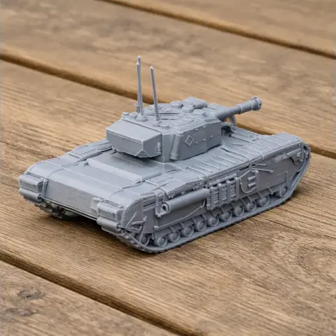 3D-printed gray model of a Churchill Mk VII tank on a wooden surface.