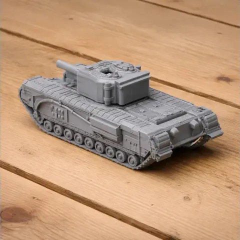 3D printed model of a Churchill tank on a wooden surface.