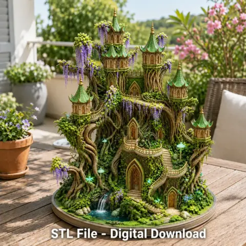 A whimsical tree castle with turrets and vines, set in a lush garden environment.