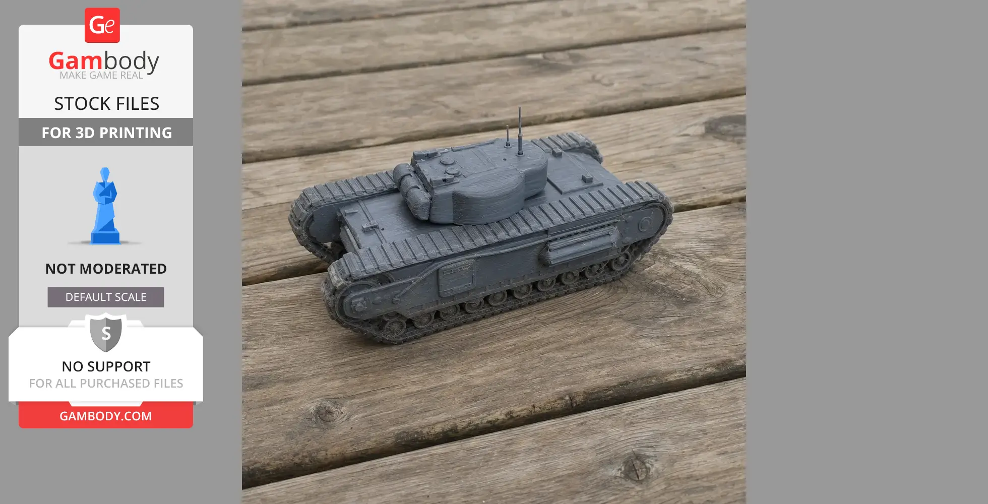 3D-printed Churchill tank model on wooden surface, featuring detailed tracks and turret.