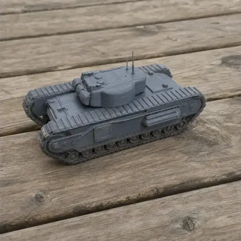 3D printed model of a Churchill tank, gray, detailed tracks, on a wooden surface.