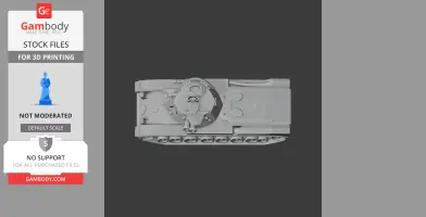 Gray 3D model of a tank viewed from above, featuring detailed turret and tracks.