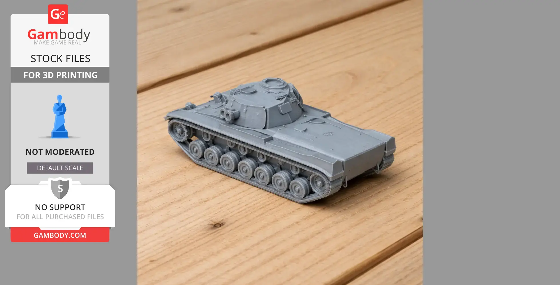 A 3D-printed model of a detailed tank with tracks and turret, placed on a wooden surface.