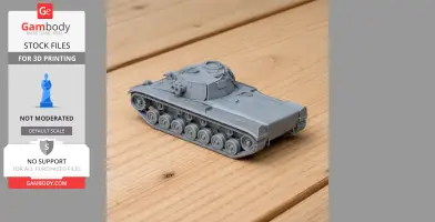A 3D-printed model of a detailed tank with tracks and turret, placed on a wooden surface.