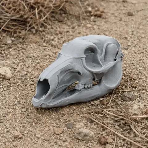 3D-printed Eastern Grey Kangaroo skull replica on a rocky, dry ground.