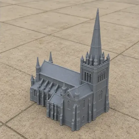 3D printed model of Chichester Cathedral, featuring detailed Gothic architecture and a tall spire.
