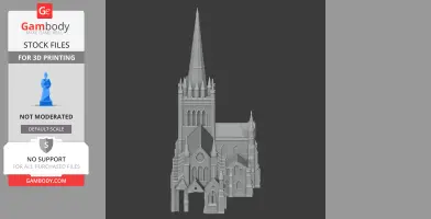 3D model of Chichester Cathedral with detailed architecture, featuring a tall spire and multiple arches.