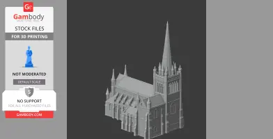 3D model of Chichester Cathedral with detailed architecture, featuring spires and gothic elements.