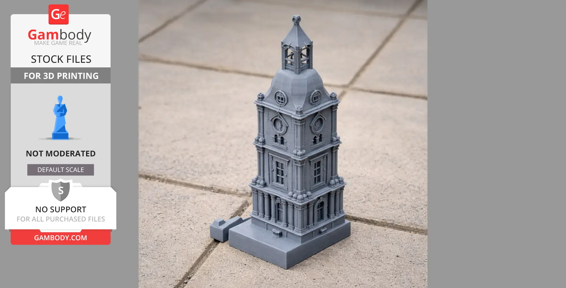 Gray 3D-printed model of a detailed, multi-tiered clock tower on a tiled surface.