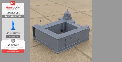3D printed model of Colchester Castle, featuring walls and a domed tower on a tiled surface.